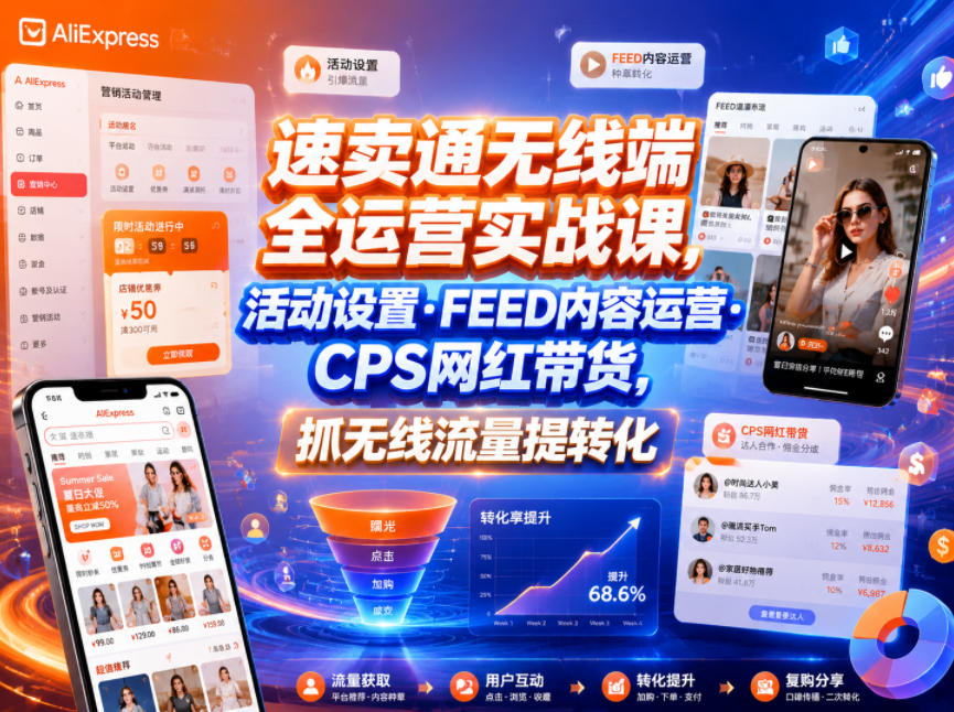 速卖通无线端全运营实战课,活动设置・FEED内容运营・CPS网红带货,抓无线流量提转化-旺仔资源库