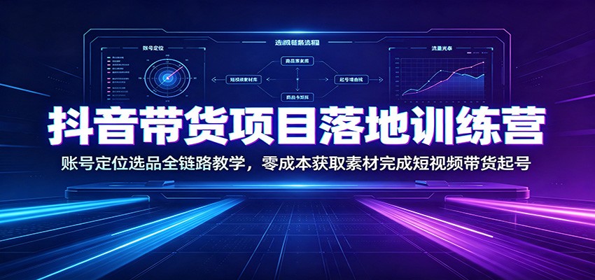 抖音带货项目落地训练营：账号定位选品全链路教学，零成本获取素材完成短视频带货起号-旺仔资源库