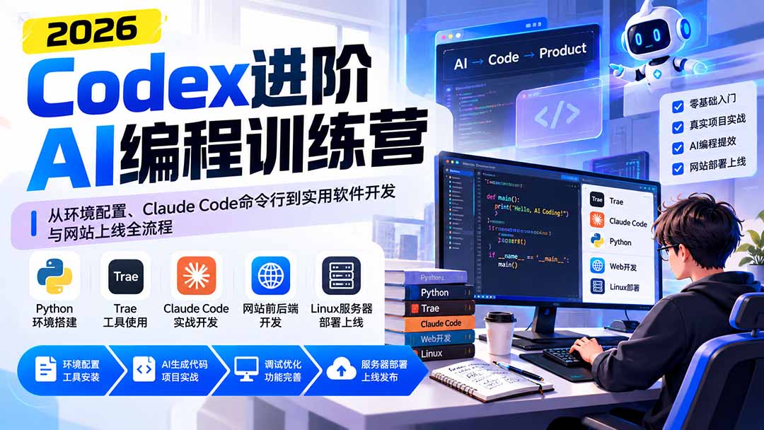 Codex进阶AI编程训练营：从环境配置、Claude Code命令行到实用软件开发与网站上线全流程-旺仔资源库