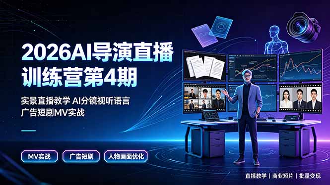 2026AI导演直播训练营第4期，实景直播教学AI分镜视听语言，广告短剧MV实战，解决人物画面崩坏痛点-旺仔资源库