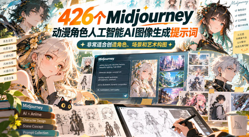 426个Midjourney动漫角色人工智能AI图像生成提示词,非常适合创造角色、场景和艺术构图-旺仔资源库