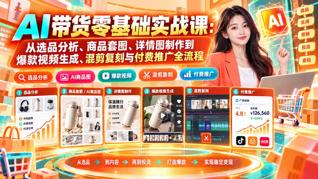 AI带货零基础实战课:从选品分析、商品套图、详情图制作到爆款视频生成、混剪复刻与付费推广全流程-旺仔资源库