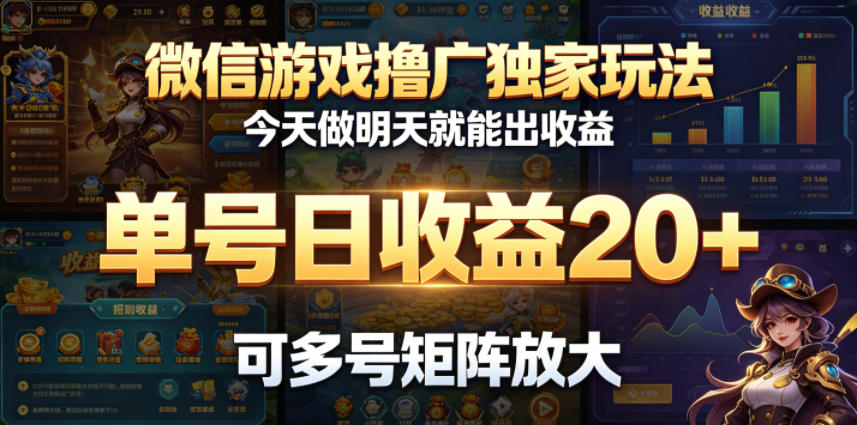 微信游戏撸广独家玩法，今天做明天就能出收益，单号日收益20+，可多号矩阵放大-旺仔资源库