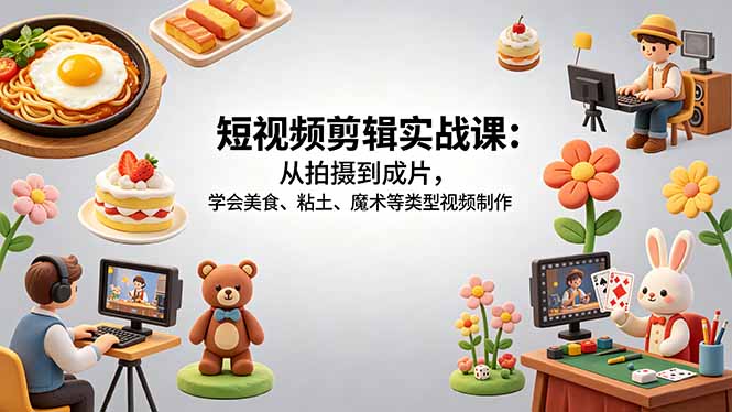 短视频剪辑实战课：从拍摄到成片，学会美食、粘土、魔术等类型视频制作-旺仔资源库
