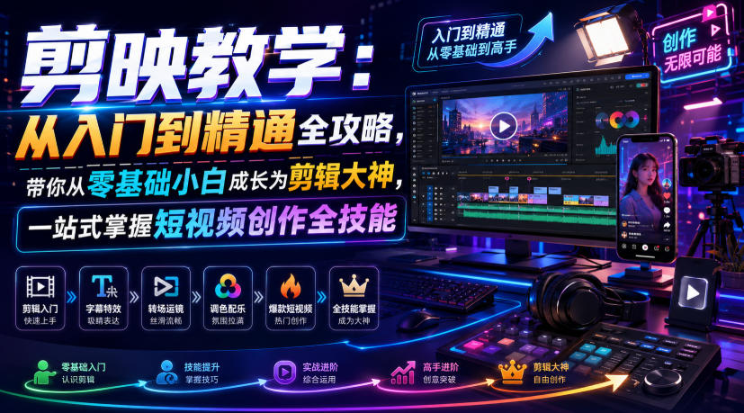 剪映教学:从入门到精通全攻略,带你从零基础小白成长为剪辑大神,一站式掌握短视频创作全技能-旺仔资源库