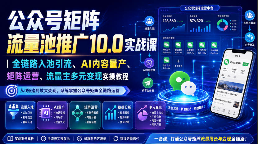 公众号矩阵流量池推广10.0实战课|全链路入池引流、AI内容量产、矩阵运营、流量主多元变现实操教程-旺仔资源库