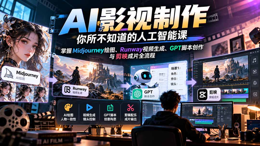 【无水印】AI影视制作-你所不知道的人工智能课,掌握Midjourney绘图、Runway视频生成、GPT脚本创作与剪映成片全流程-旺仔资源库