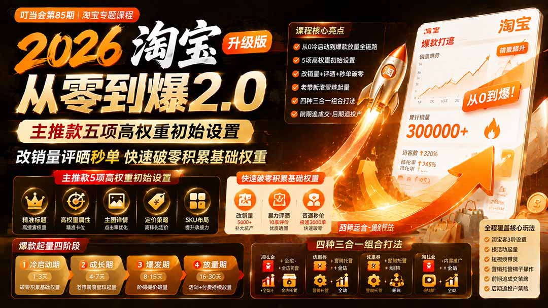 2026淘宝从零到爆2.0第85期；主推款五项高权重初始设置，改销量评晒秒单快速破零积累基础权重-旺仔资源库