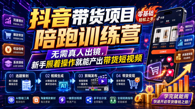 抖音带货项目陪跑训练营,无需真人出镜,新手照着操作就能产出带货短视频(更新0811)-旺仔资源库