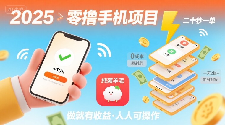 2025年零撸手机项目，二十秒一单，纯薅羊毛 一天2张+做就有-旺仔资源库