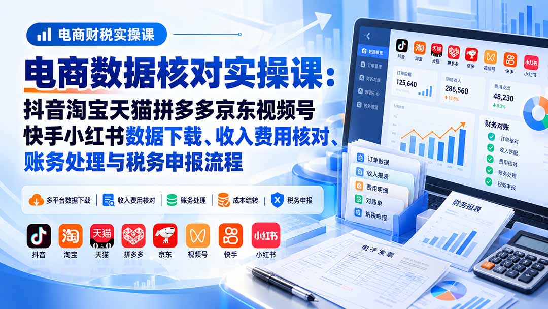 电商数据核账实操课：抖音淘宝天猫拼多多京东视频号快手小红书数据下载、收入费用核对、账务处理与税务申报流程-旺仔资源库