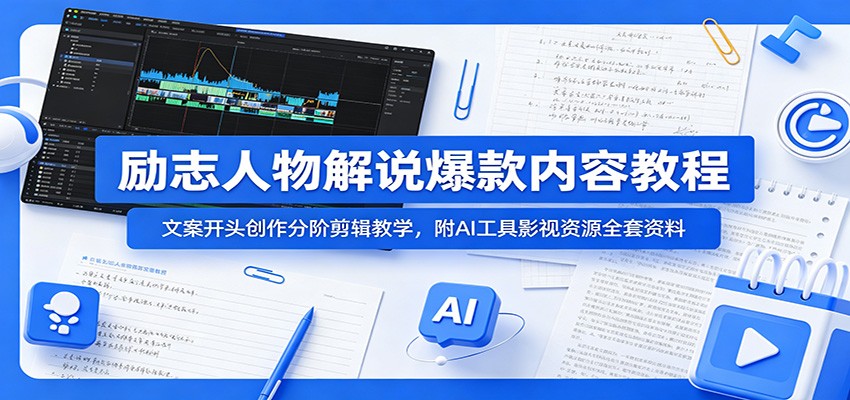 励志人物解说爆款内容教程:文案开头创作分阶剪辑教学,附AI 工具影视资源全套资料-旺仔资源库