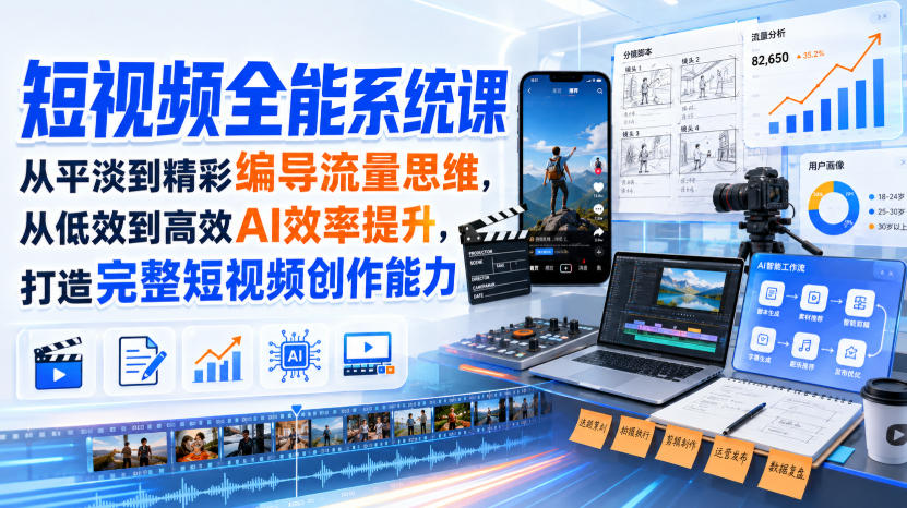 短视频全能系统课,从平淡到精彩编导流量思维,从低效到高效AI效率提升,打造完整短视频创作能力(完整版)-旺仔资源库