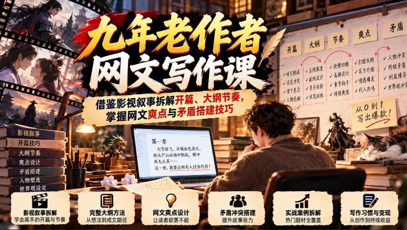 九年老作者网文写作课:借鉴影视叙事拆解开篇、大纲节奏,掌握网文爽点与矛盾搭建技巧-旺仔资源库