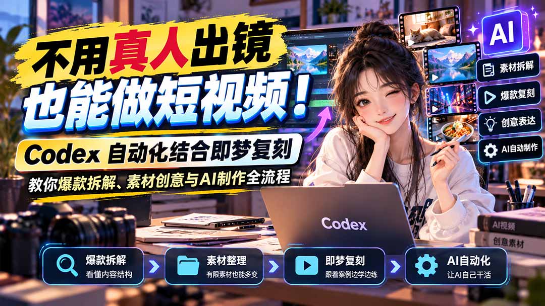 不用真人出镜也能做短视频!Codex自动化结合即梦复刻,教你爆款拆解、素材创意与AI制作全流程-旺仔资源库