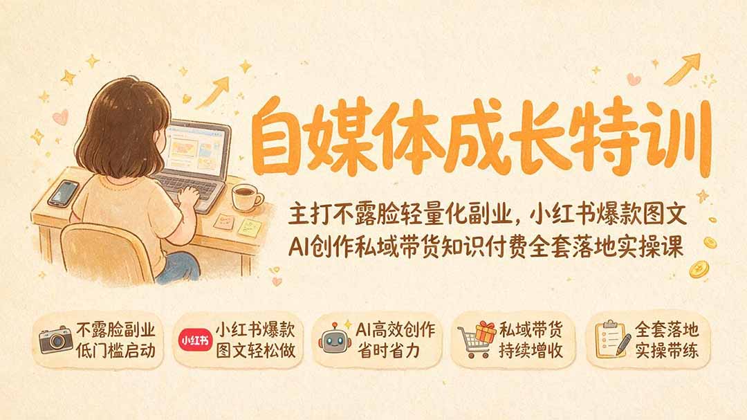 自媒体成长特训｜主打不露脸轻量化副业，小红书爆款图文AI创作私域带货知识付费全套落地实操课-旺仔资源库
