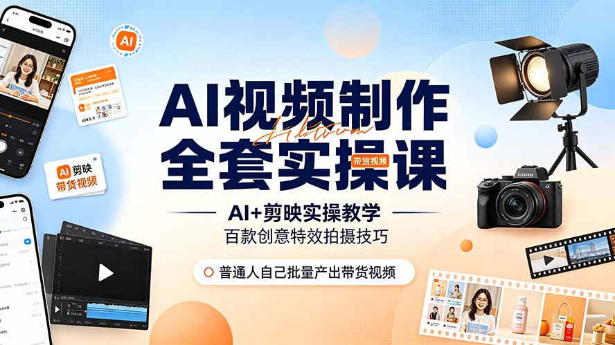 AI视频制作全套实操课,多款AI工具搭配剪映教学,百种特效运镜拍摄实操,抖音账号带货运营全覆盖-旺仔资源库