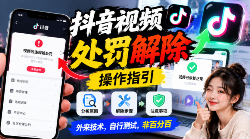 抖音视频处罚解除操作指引，外来技术，自行测试，非百分百-旺仔资源库