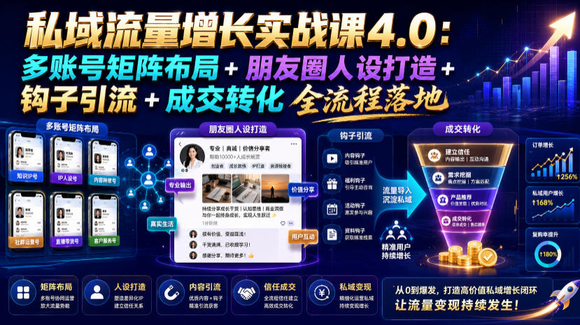 私域流量增长实战课4.0:多账号矩阵布局+朋友圈人设打造+钩子引流+成交转化全流程落地-旺仔资源库