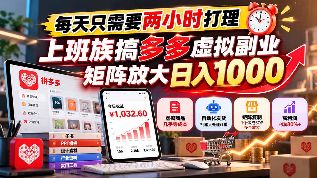 每天只需要两小时打理，上班族搞多多虚拟副业，矩阵放大日入 1000-旺仔资源库