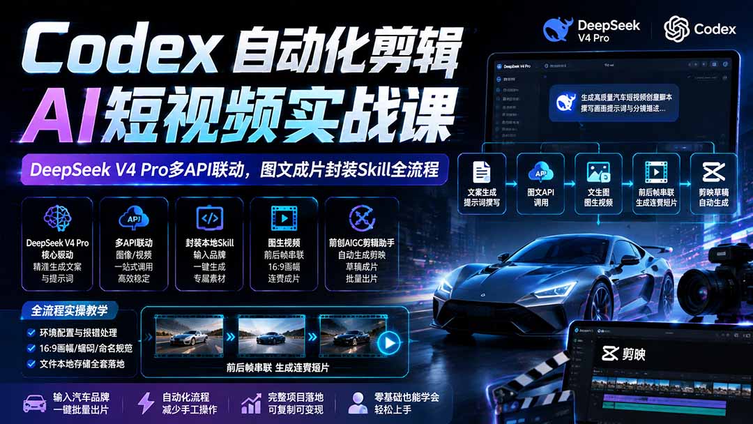 Codex自动化剪辑AI短视频实战课|DeepSeek V4 Pro多API联动,图文成片封装Skill全流程-旺仔资源库