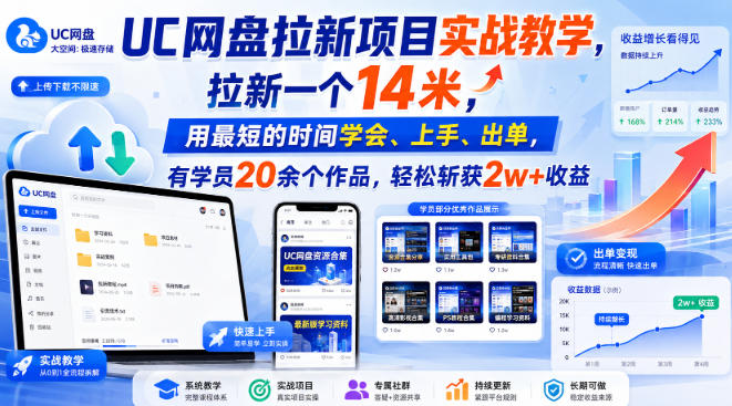 UC网盘拉新项目实战教学,拉新一个14米,用最短的时间学会、上手、出单,有学员20余个作品,轻松斩获2w+收益-旺仔资源库