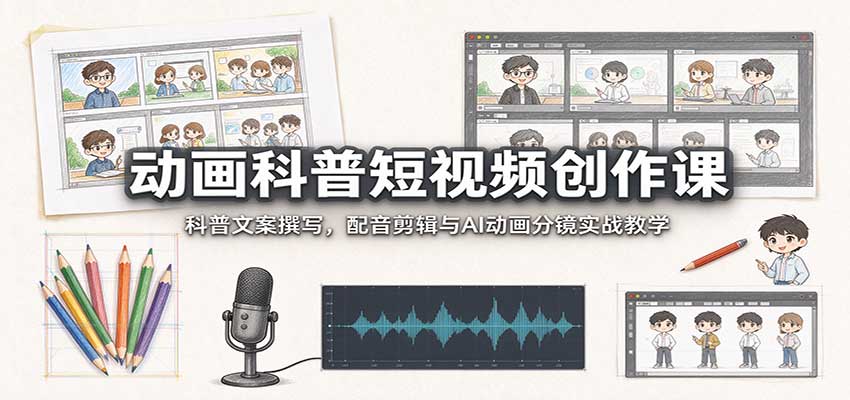 动画科普短视频创作课：科普文案撰写，配音剪辑与AI动画分镜实战教学-旺仔资源库