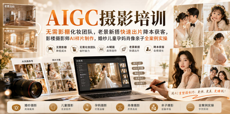 AIGC摄影培训|无需影棚化妆团队,老景新搭快速出片降本获客,影楼摄影师AI样片制作,婚纱儿童孕妈肖像亲子全案例实操-旺仔资源库