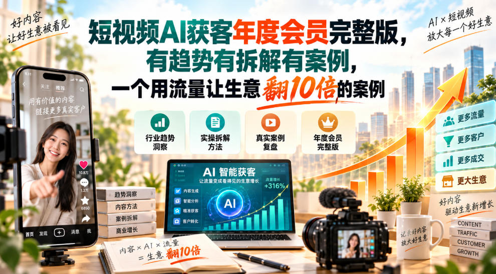 短视频AI获客年度会员完整版，有趋势有拆解有案例，一个用流量让生意翻10倍的案例-旺仔资源库