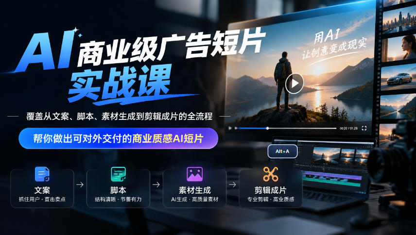 AI商业级广告短片实战课,覆盖从文案、脚本、素材生成到剪辑成片的全流程,帮你做出可对外交付的商业质感AI短片-旺仔资源库
