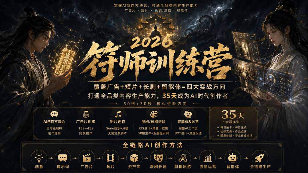 符师训练营-35天成为AI时代创作者，广告+短片+漫剧+智能体四大实战方向，掌握从创意到上线的完整工作流-旺仔资源库