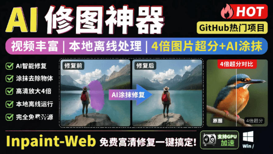 本地离线处理，4倍图片超分+AI涂抹去水印！Github上热门神器，免费高清修复图一键搞定！Inpaint-Web-旺仔资源库