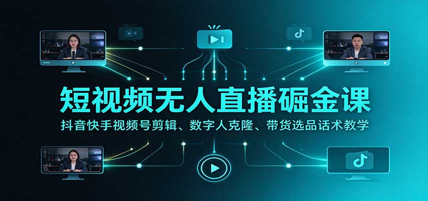 短视频无人直播掘金课：抖音快手视频号剪辑、数字人克隆、带货选品话术教学-旺仔资源库