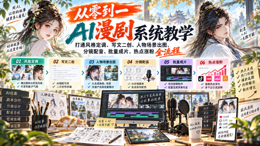 从零到一AI漫剧系统教学，打通风格定调、写文二创、人物场景出图、分镜配音、批量成片、热点涨粉全流程-旺仔资源库