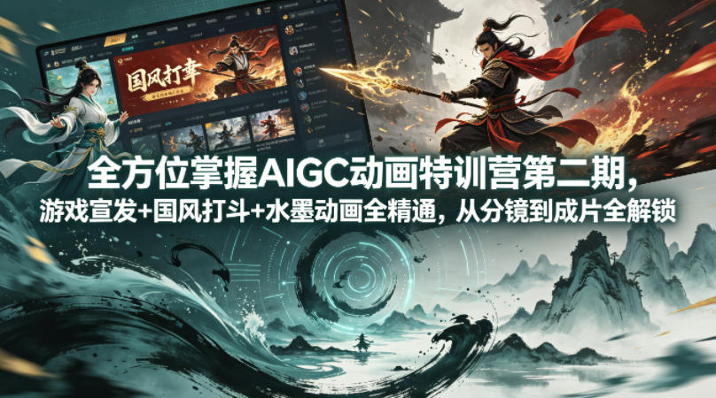 全方位掌握AIGC动画特训营第二期，游戏宣发+国风打斗+水墨动画全精通，从分镜到成片全解锁-旺仔资源库