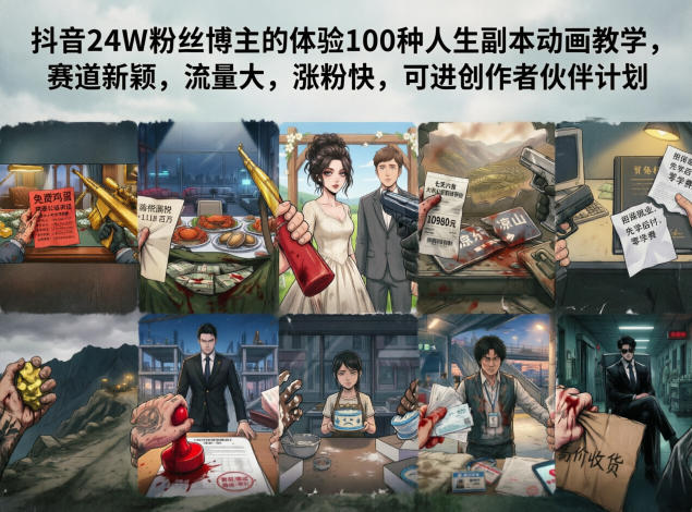 抖音24W粉丝博主的体验100种人生副本动画教学，赛道新颖，流量大，涨粉快，可进创作者伙伴计划-旺仔资源库
