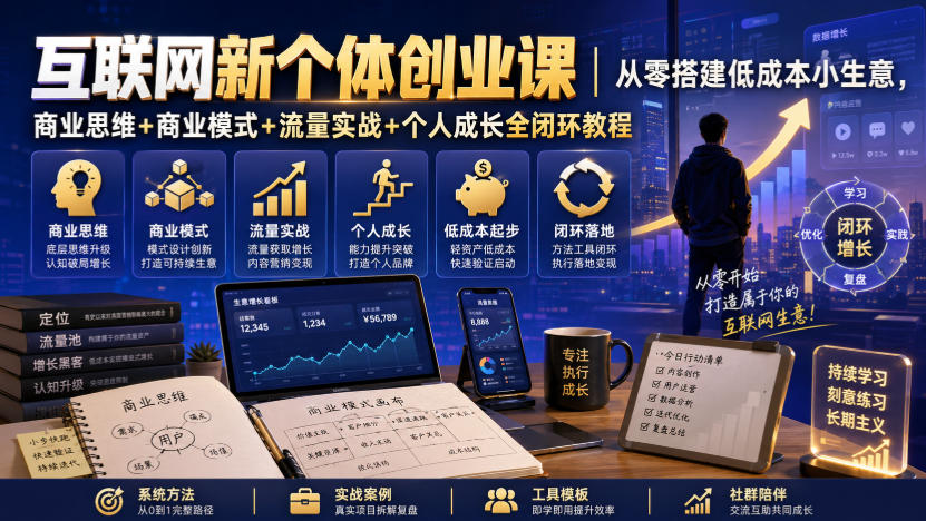 互联网新个体创业课|从零搭建低成本小生意,商业思维+商业模式+流量实战+个人成长全闭环教程-旺仔资源库