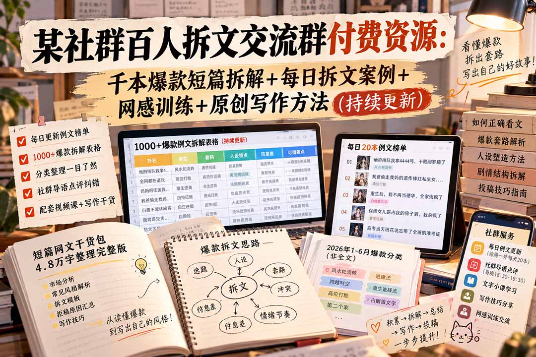 某社群百人拆文交流群付费资源-更新0929：千本爆款短篇拆解+每日拆文案例+网感训练+原创写作方法-旺仔资源库