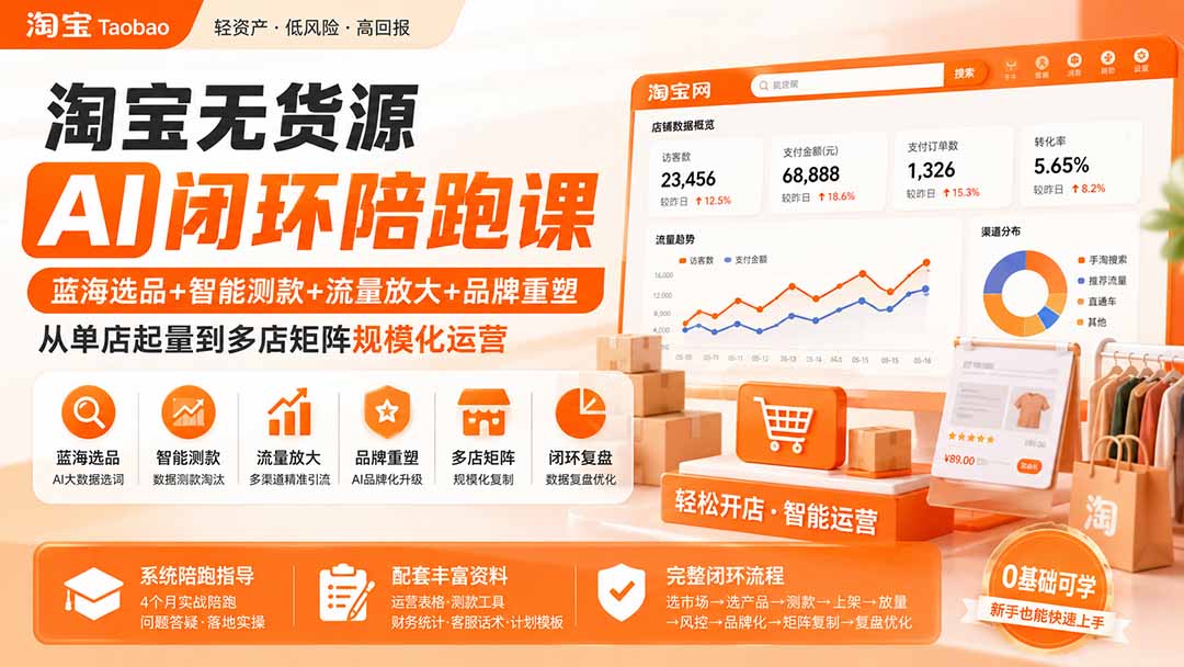 淘宝无货源AI闭环陪跑课:蓝海选品+智能测款+流量放大+品牌重塑,从单店起量到多店矩阵规模化运营-旺仔资源库
