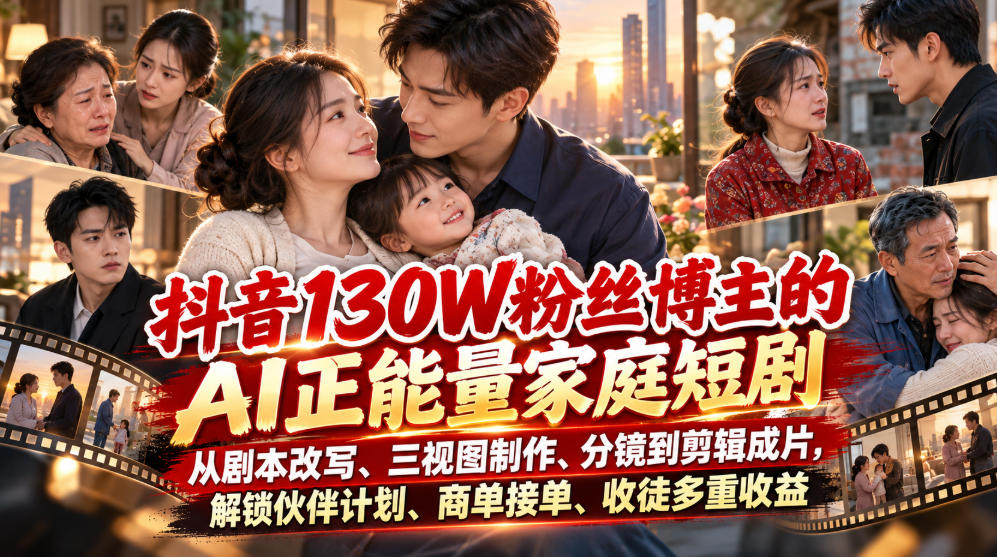 抖音130W粉丝博主的AI正能量家庭短剧,从剧本改写、三视图制作、分镜到剪辑成片,解锁伙伴计划、商单接单、收徒多重收益-旺仔资源库