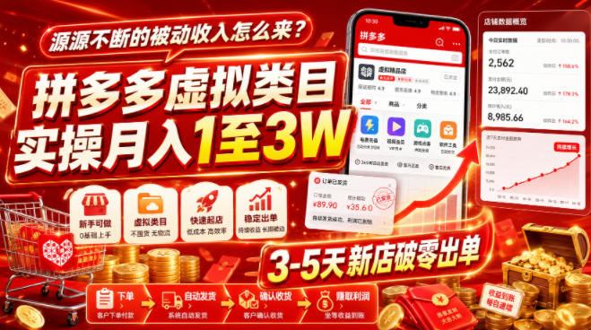 源源不断的被动收入怎么来?拼多多虚拟类目实操月入1至3W,3-5天新店破零出单-旺仔资源库