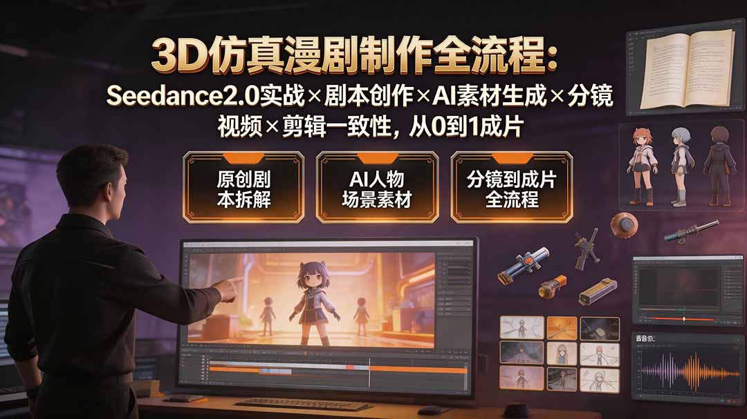 3D仿真漫剧制作全流程:Seedance2.0实战×剧本创作×AI素材生成×分镜视频×剪辑一致性,从0到1成片-旺仔资源库