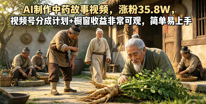 AI制作中药故事视频，涨粉35.8W，视频号分成计划+橱窗收益非常可观，简单易上手-旺仔资源库