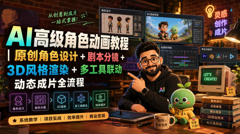 AI高级角色动画教程|原创角色设计+剧本分镜+3D风格渲染+多工具联动动态成片全流程【中英字幕】-旺仔资源库