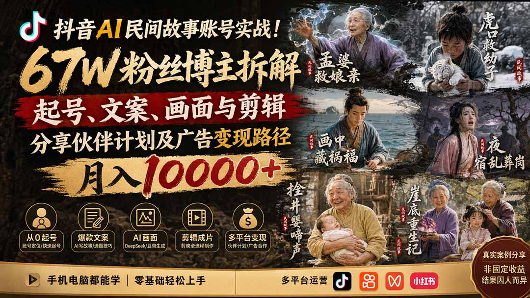 抖音AI民间故事账号实战！67W粉丝博主拆解起号、文案、画面与剪辑，分享伙伴计划及广告变现路径，月入10000+-旺仔资源库