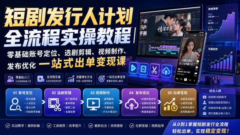 短剧发行人计划全流程实操教程|零基础账号定位、选剧剪辑、视频制作、发布优化一站式出单变现课-旺仔资源库