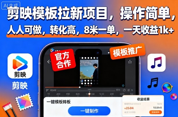 剪映模板拉新项目,操作简单,人人可做,转化高,8米一单,一天收益1k+-旺仔资源库