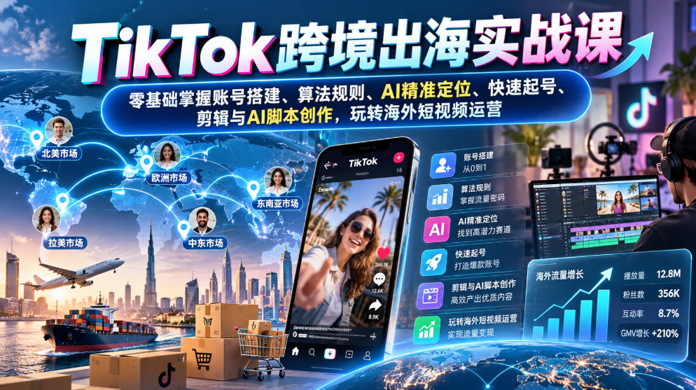 TikTok跨境出海实战课：零基础掌握账号搭建、算法规则、AI精准定位、快速起号、剪辑与AI脚本创作，玩转海外短视频运营-旺仔资源库