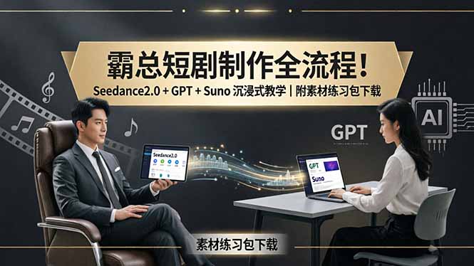 霸总短剧制作全流程！Seedance2.0 + GPT + Suno 沉浸式教学｜附素材练习包下载-旺仔资源库
