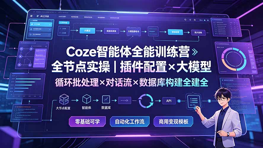 Coze智能体全能训练营：全节点实操｜插件配置×大模型×循环批处理×对话流×数据库构建全教学-旺仔资源库